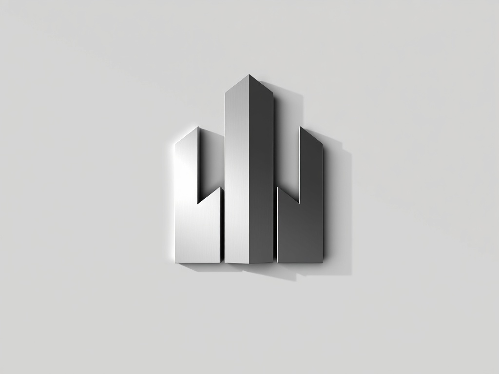 Minimalist logo mark inspired by a stylized building facade, clean lines, metallic finish, photorealistic, 8k.
